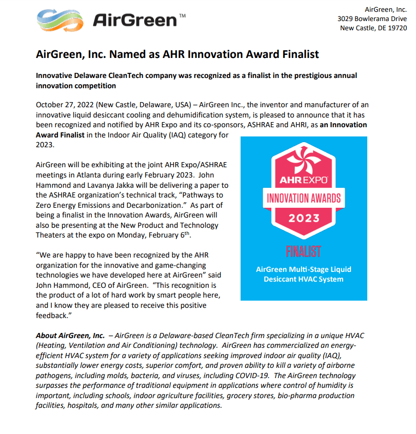 AirGreen, Inc. Named as AHR Innovation Award Finalist